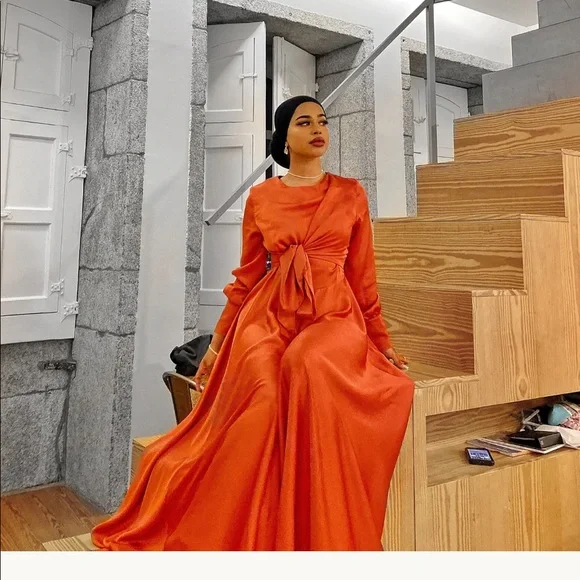 knee length dresses for ladies Elegant Modest Long Sleeve Maxi Dress for Women – Draped Waist A-Line –  FineLook main image 0